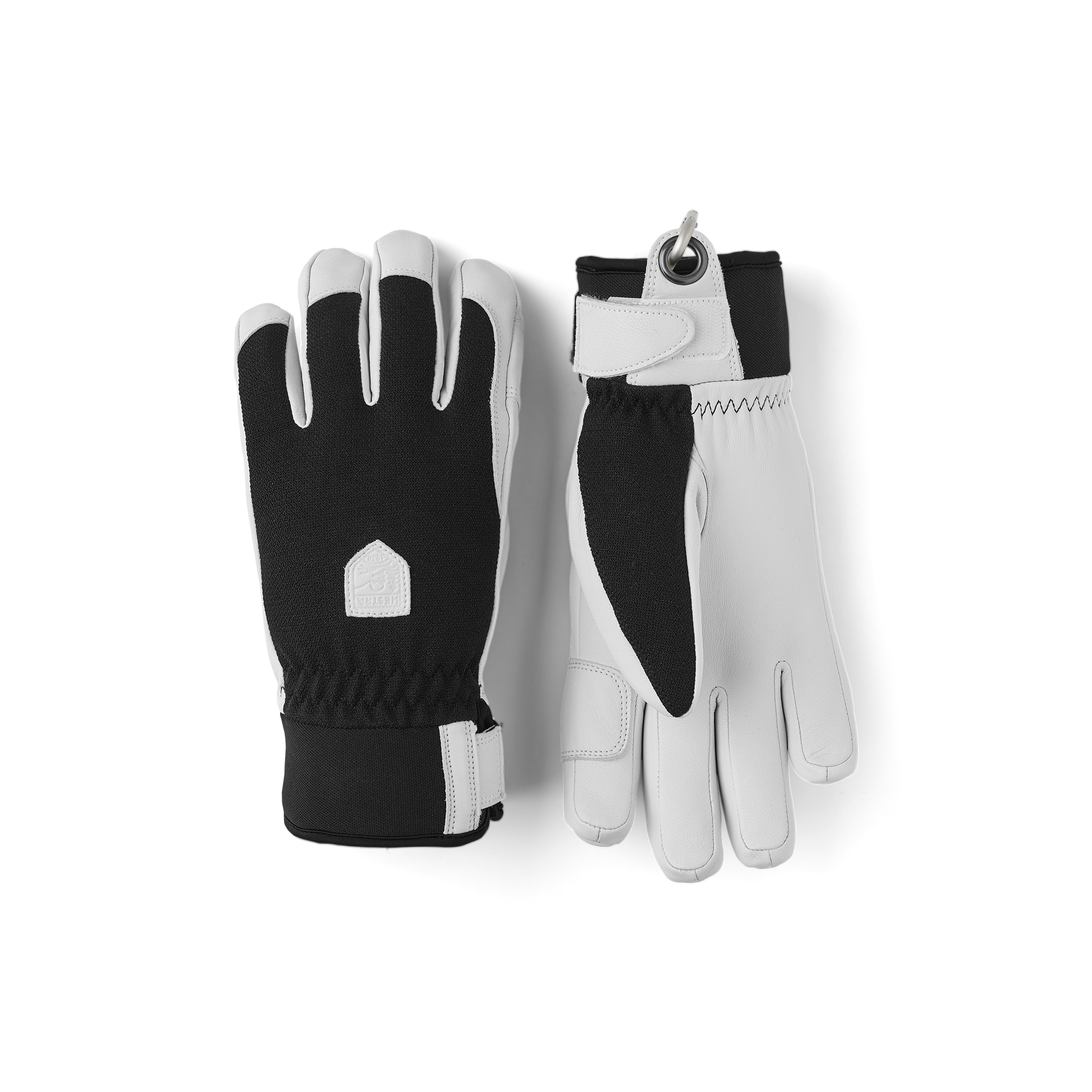 Black ski glove with white goat leather palm