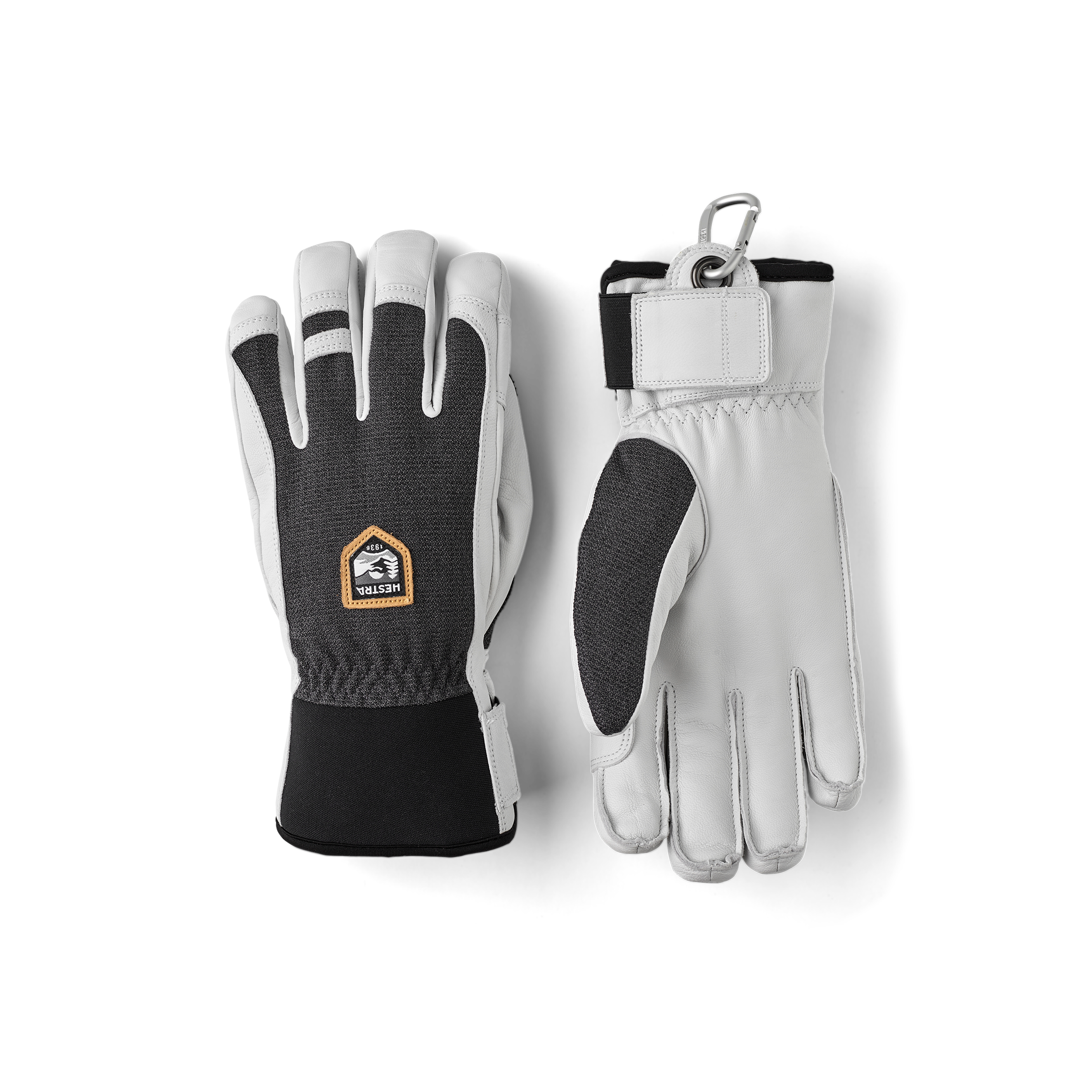 Dark gray ski glove with white goat leather palm
