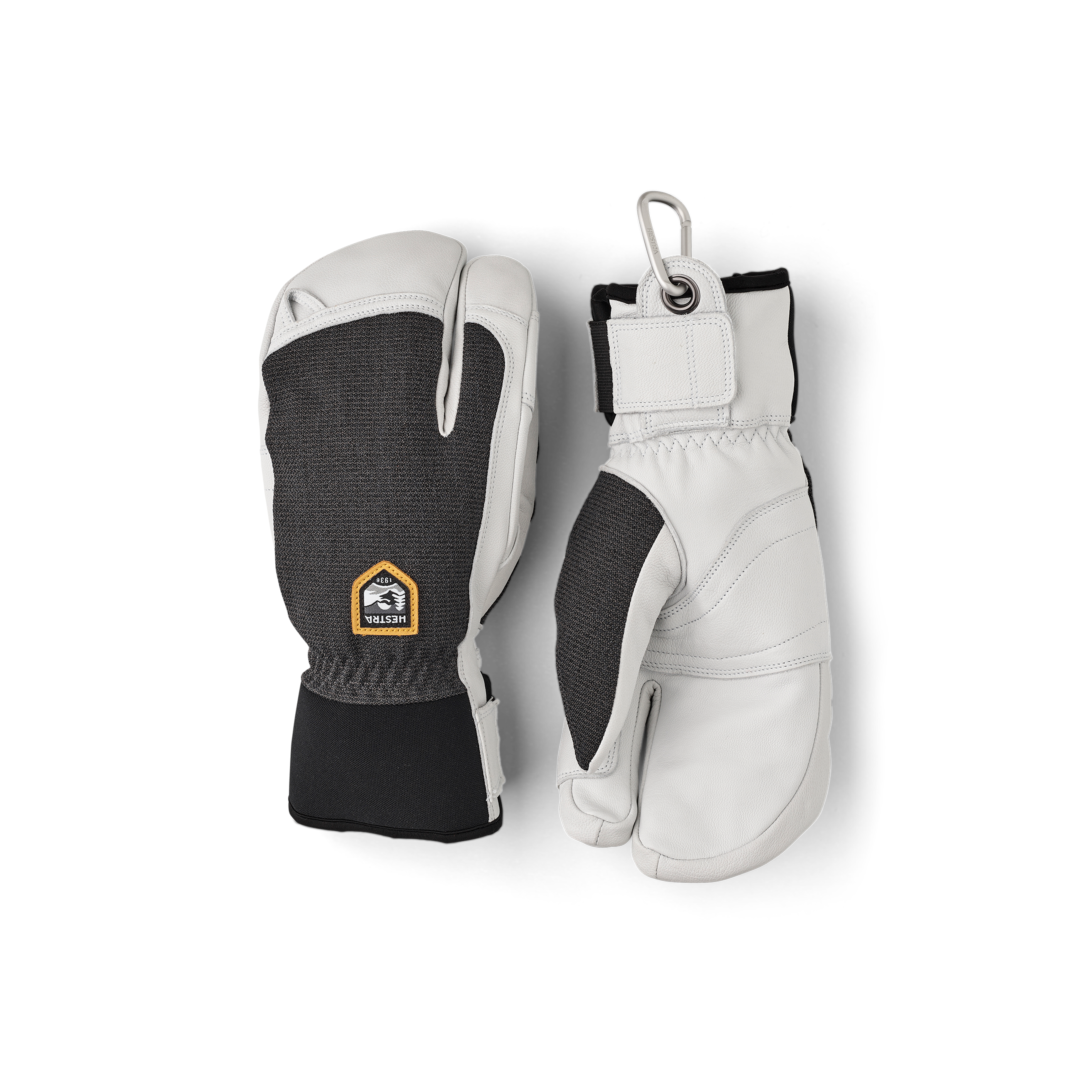 Dark gray three finger glove with white goat leather palm