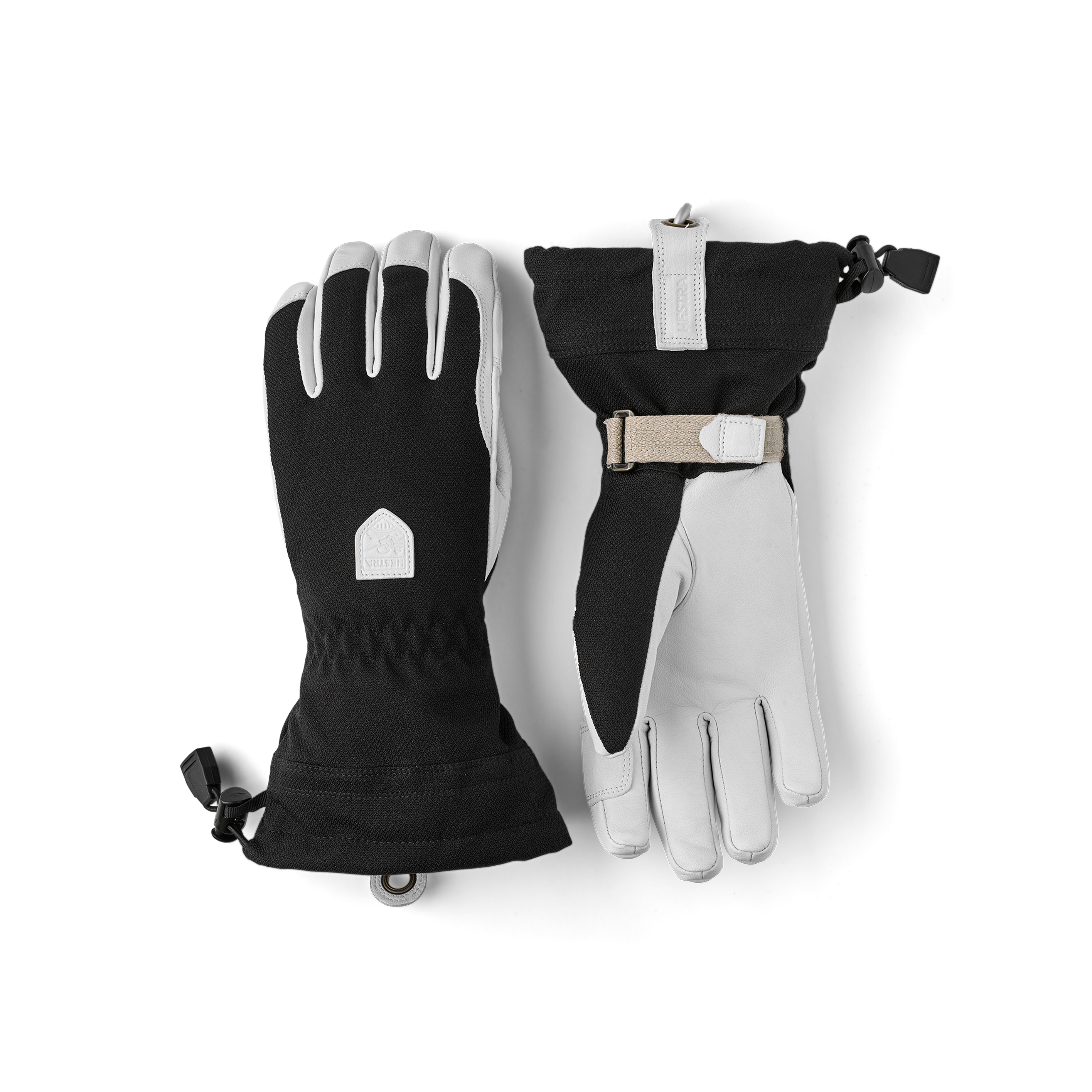 Black ski glove with white goat leather palm