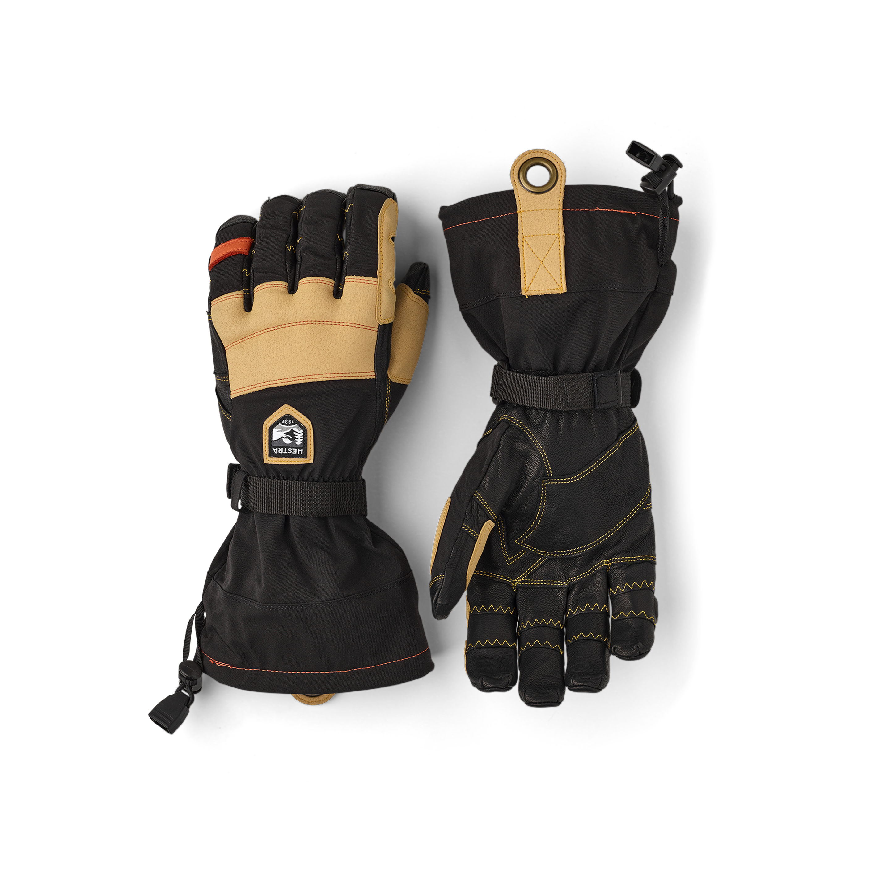 Black ski glove with light brown synthetic suede reinforcement
