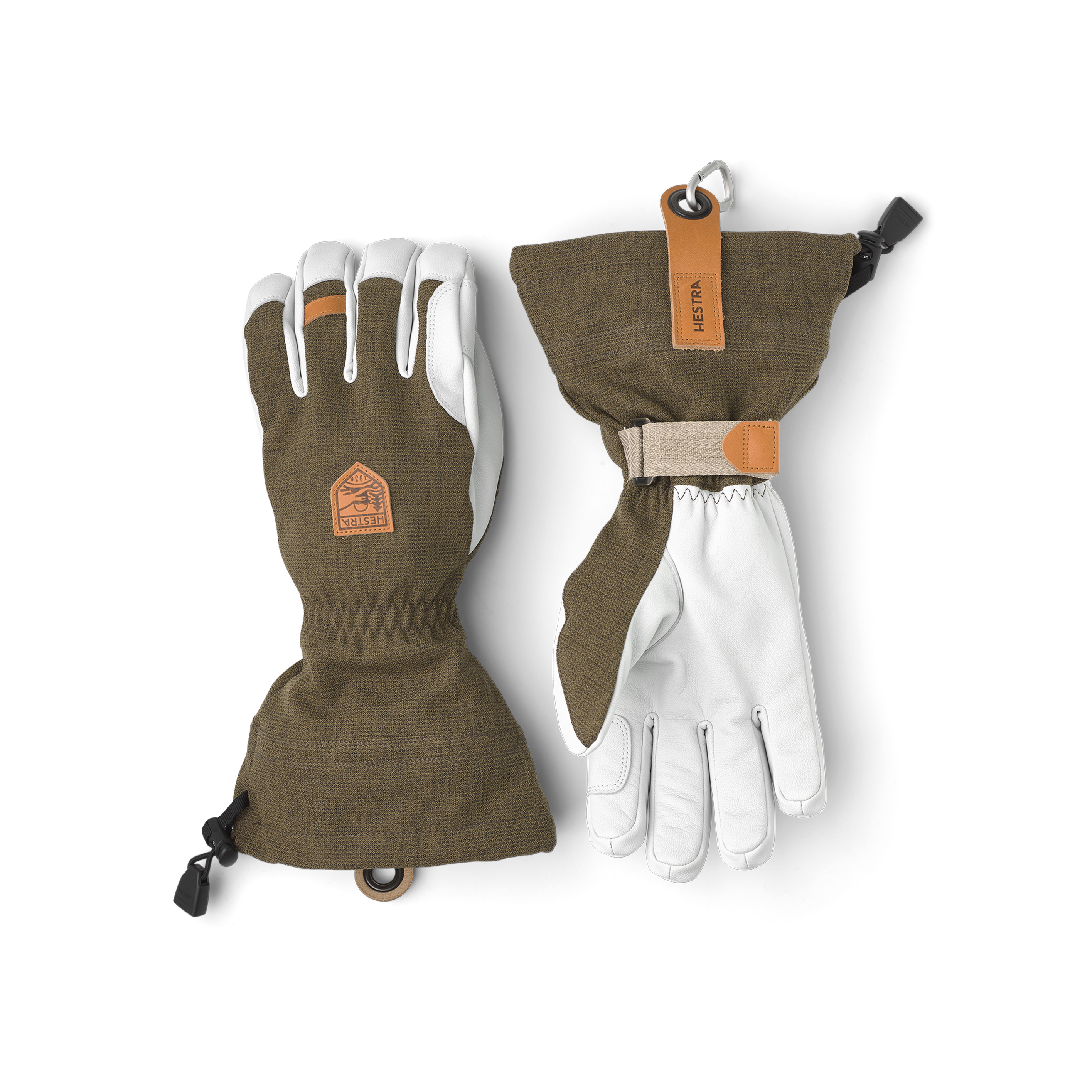 Moss green ski glove with white goat leather palm
