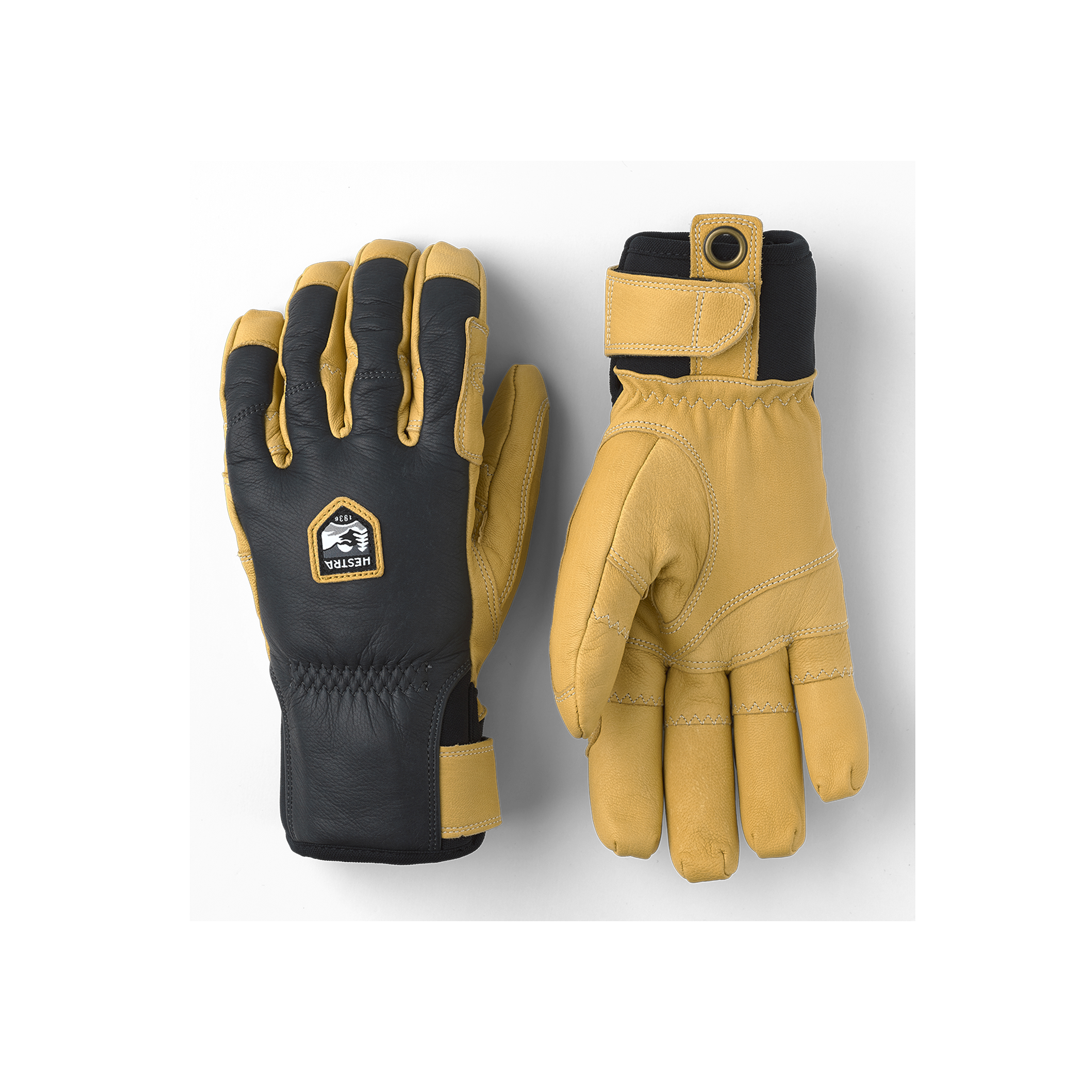 Gray cow hide ski glove with light brown goat leather palm