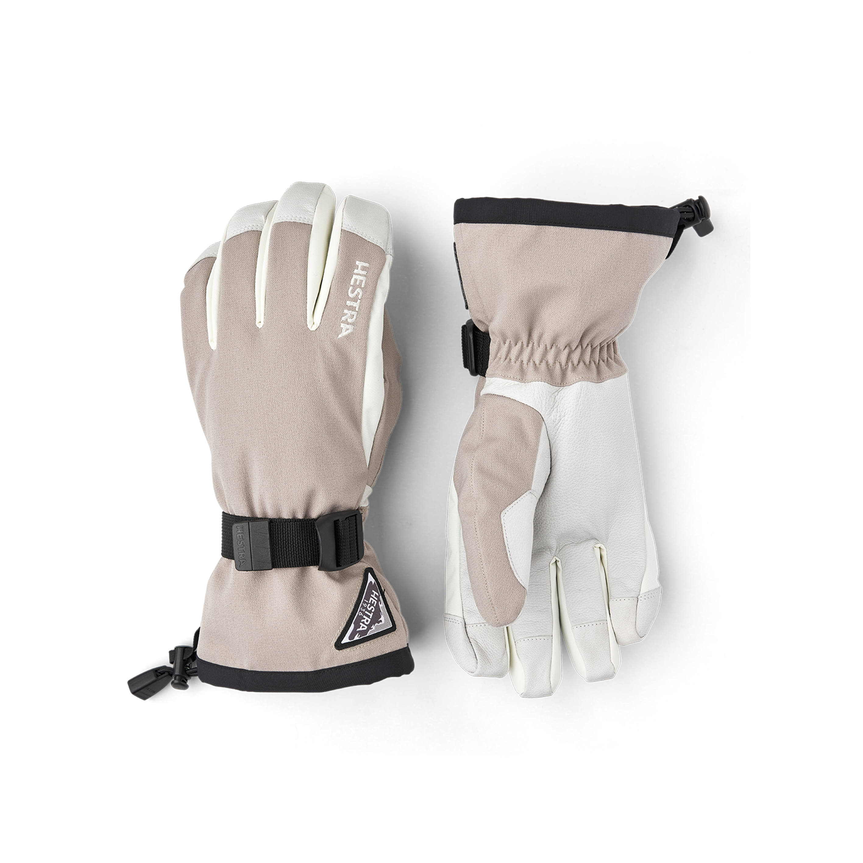 Beige ski glove with white goat leather palm and wrist adjustment