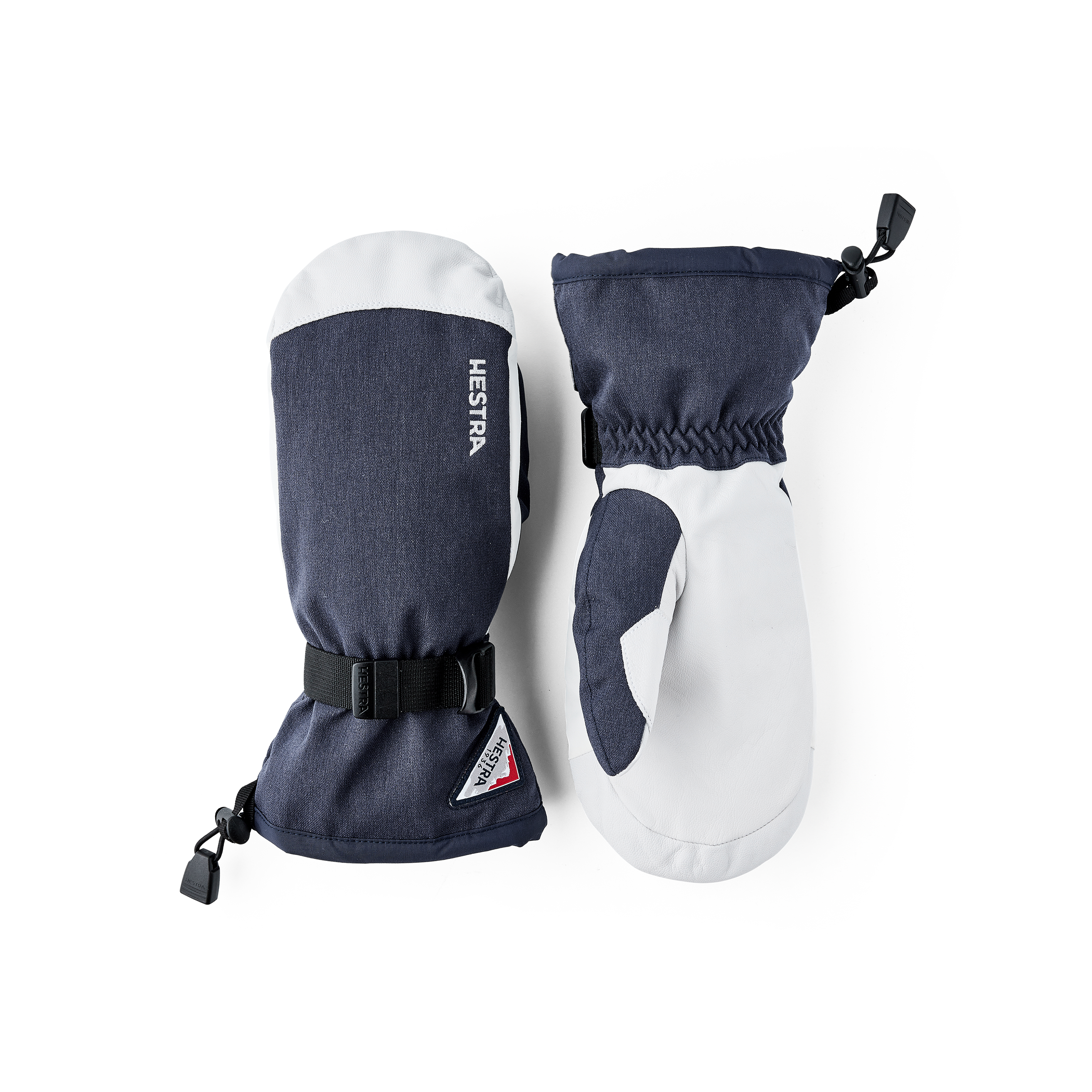 Dark blue mitten with white goat leather palm and wrist adjustment