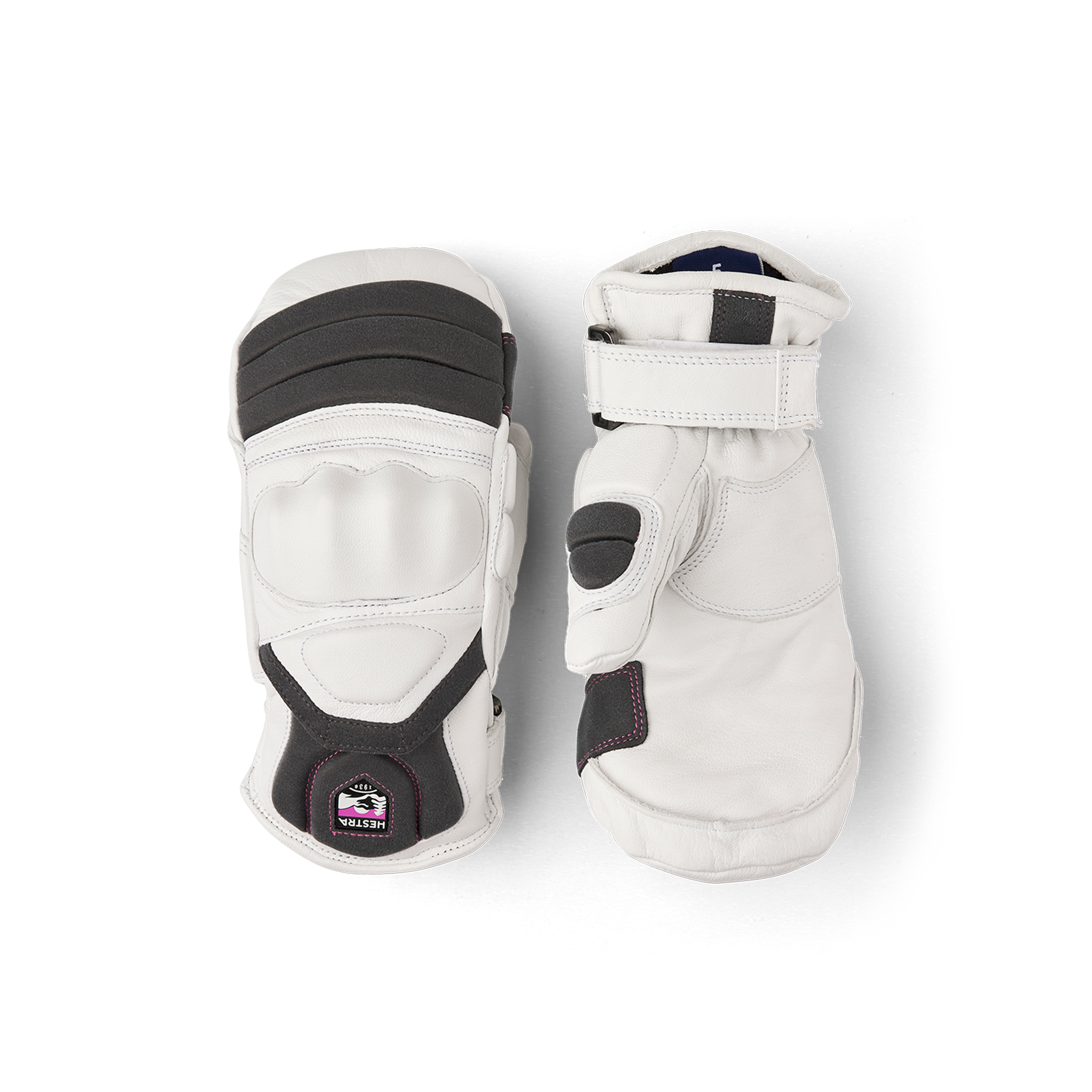 White mitten with gray and pink goat leather details and synthetic suede palm