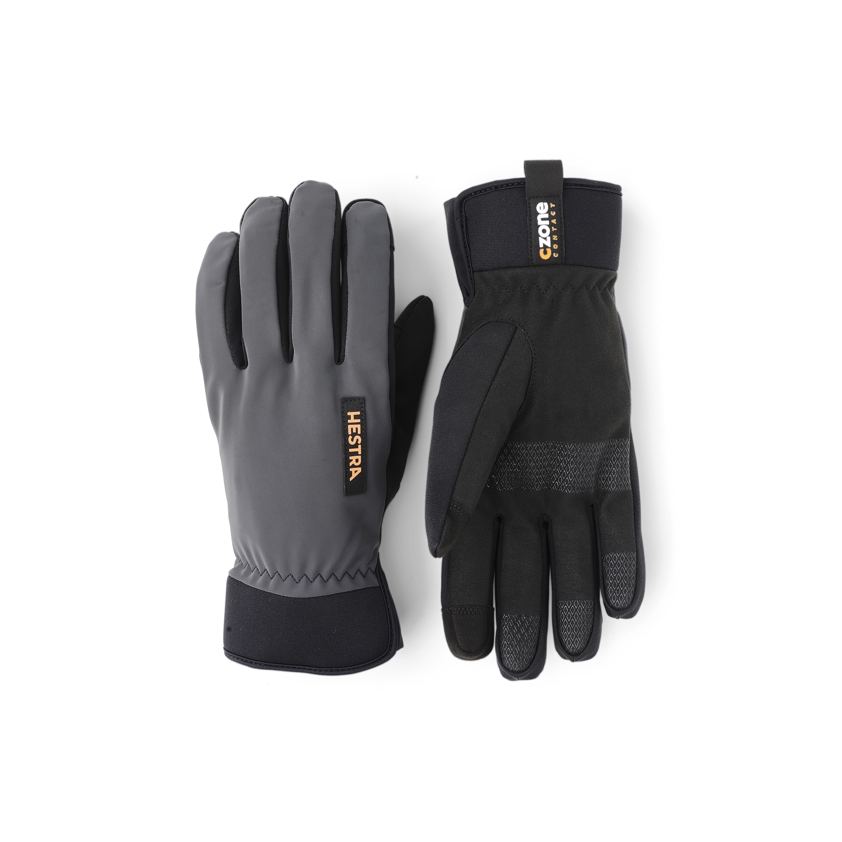 Dark gray fabric outdoor glove with black synthetic suede palm