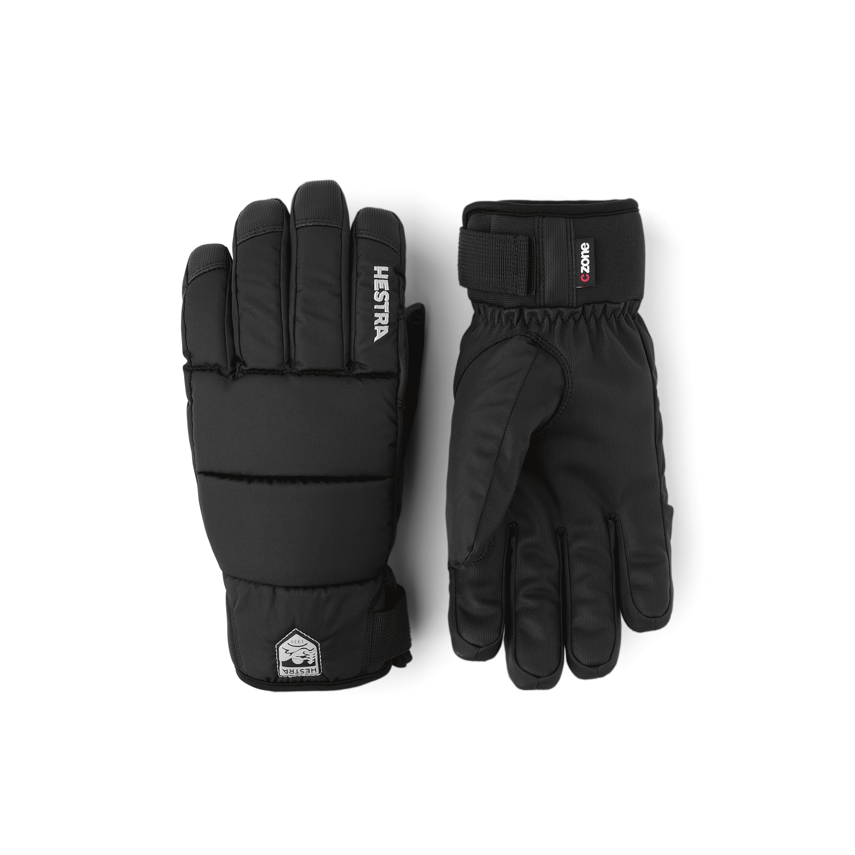 Black fabric ski glove with black synthetic palm