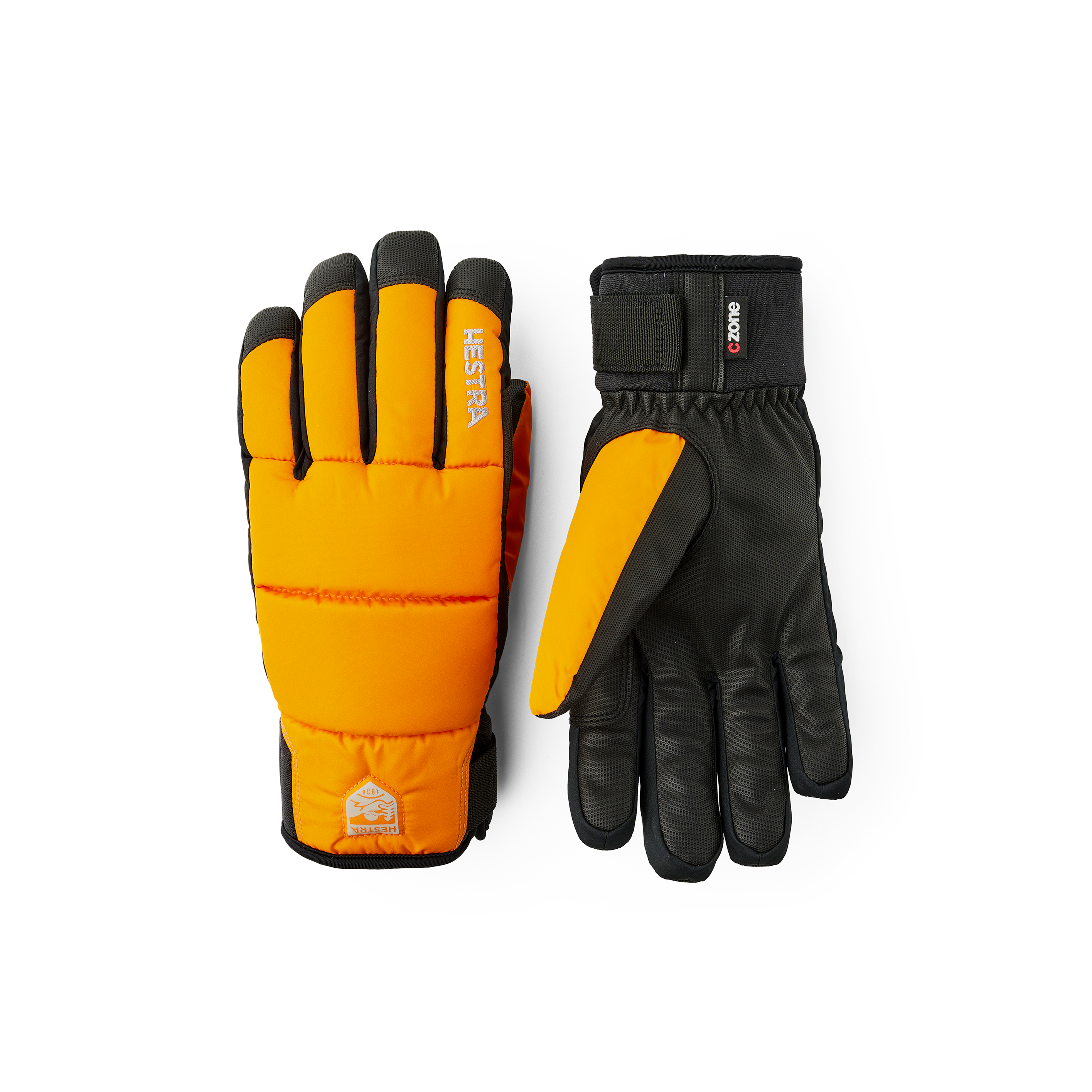 Orange fabric ski glove with black synthetic palm