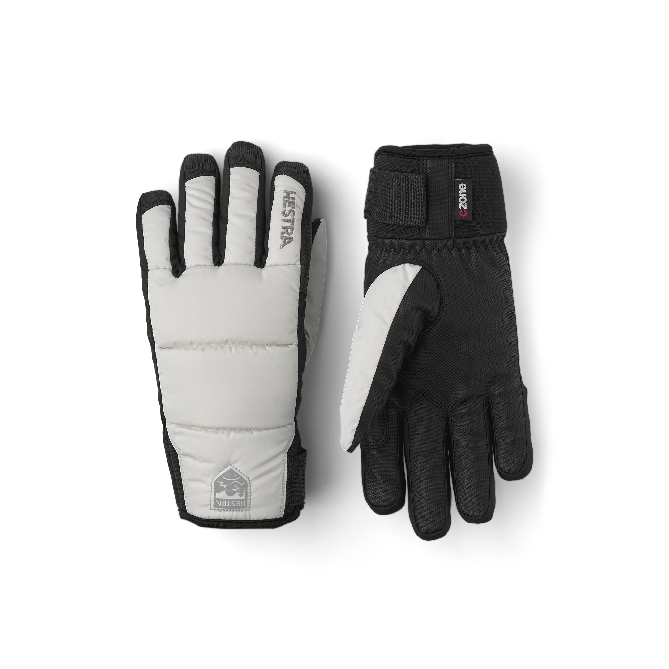 White fabric ski glove with black synthetic palm