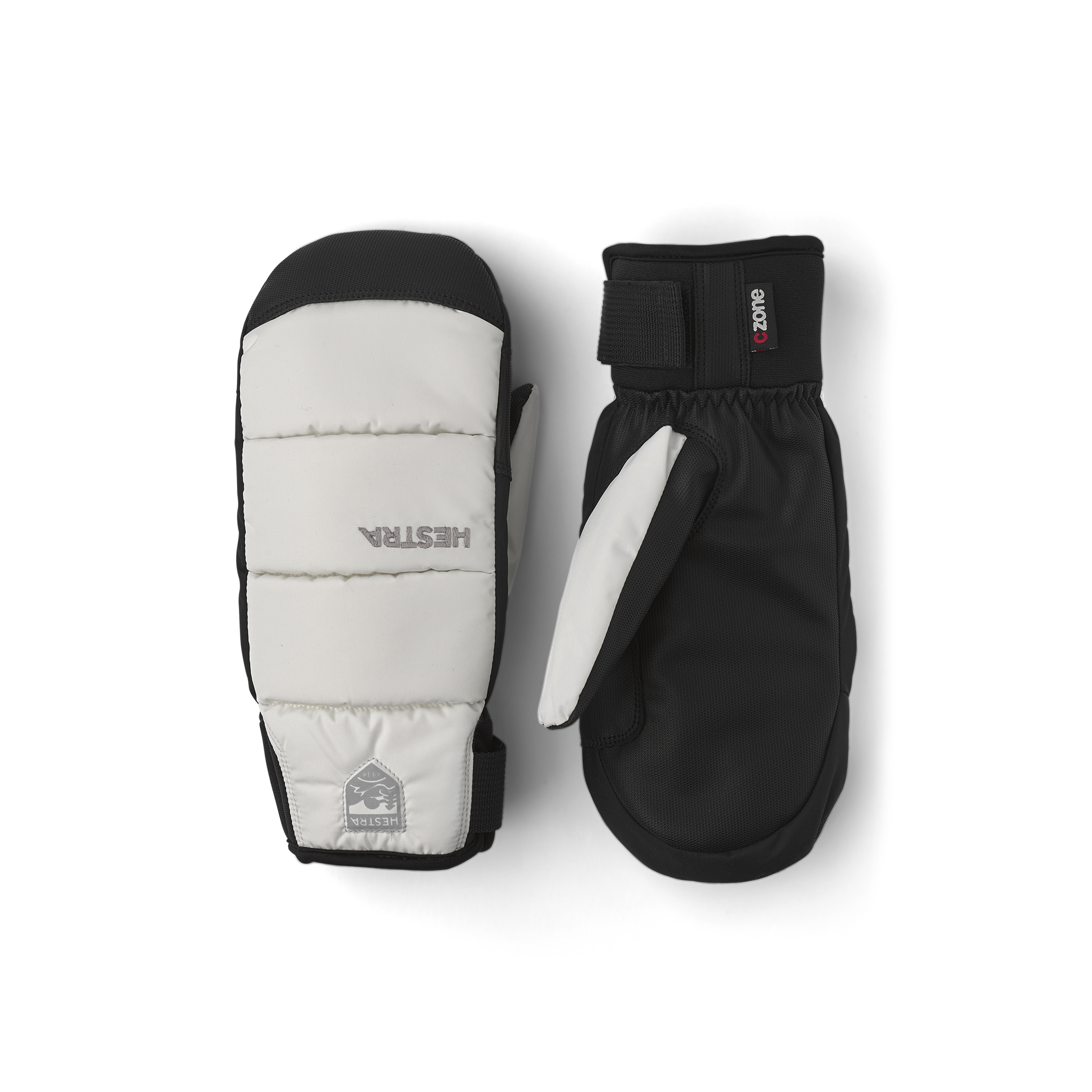 White fabric mitten with black synthetic palm