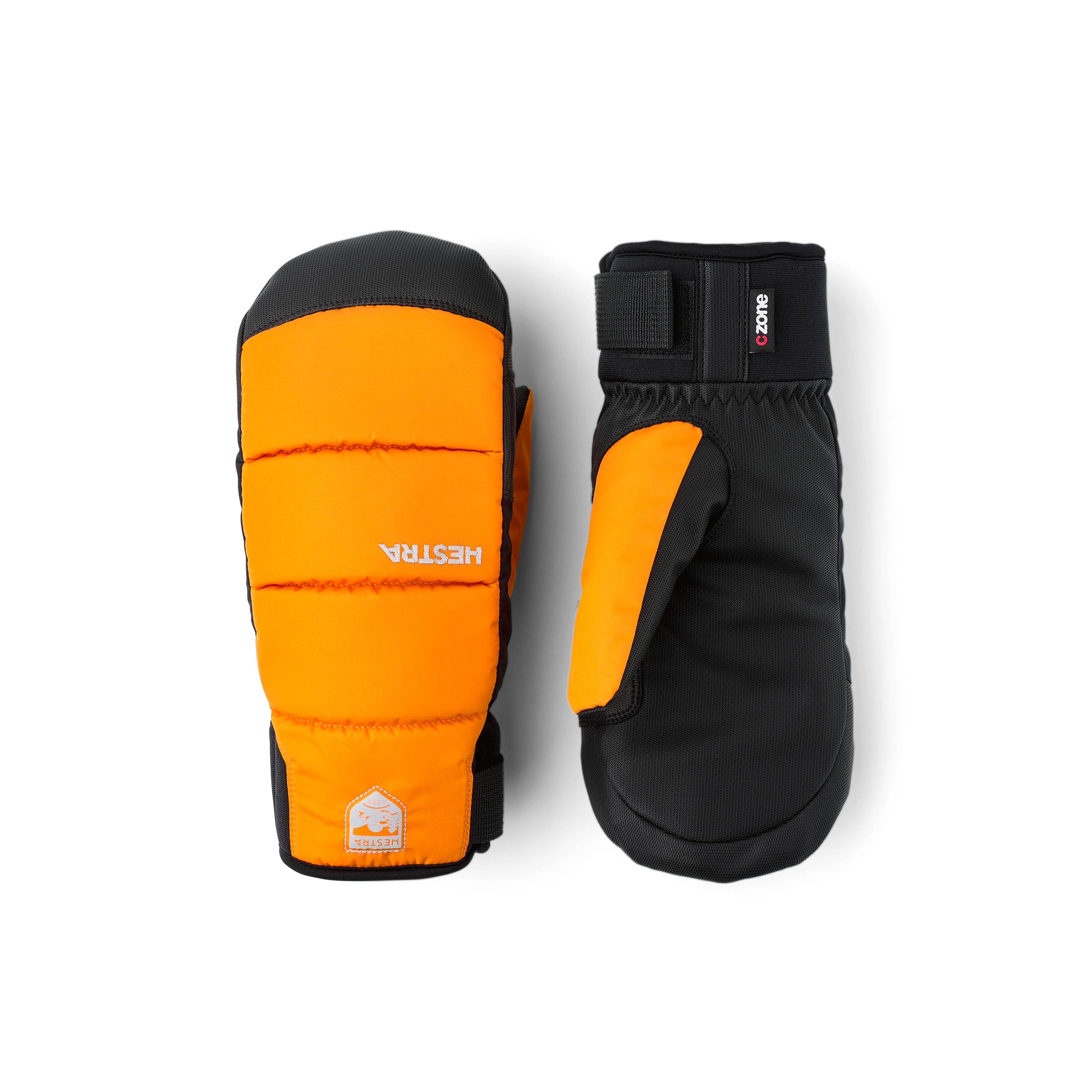 Orange fabric mitten with black synthetic palm