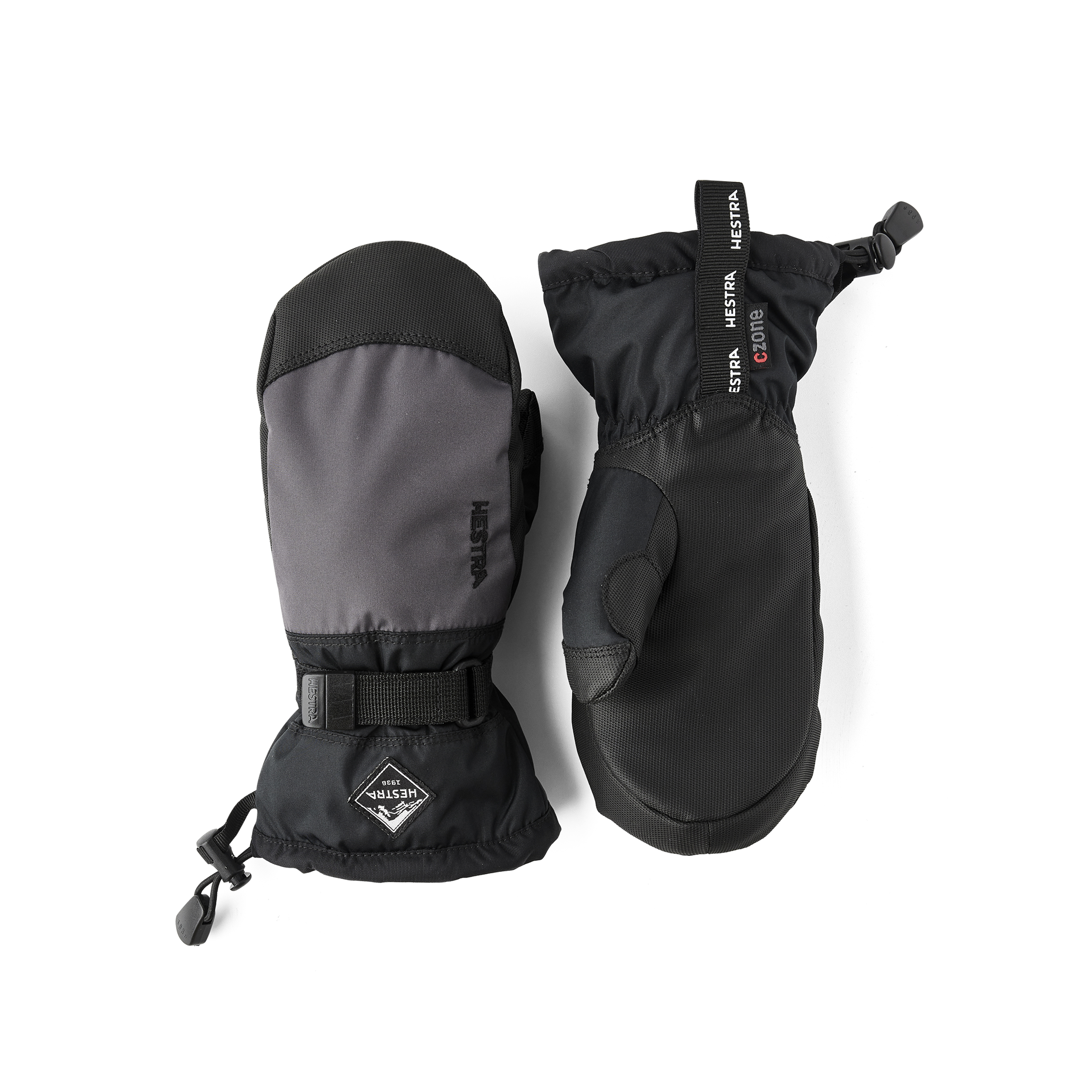 Orange and pink mitten with black synthetic palm and wrist adjustment