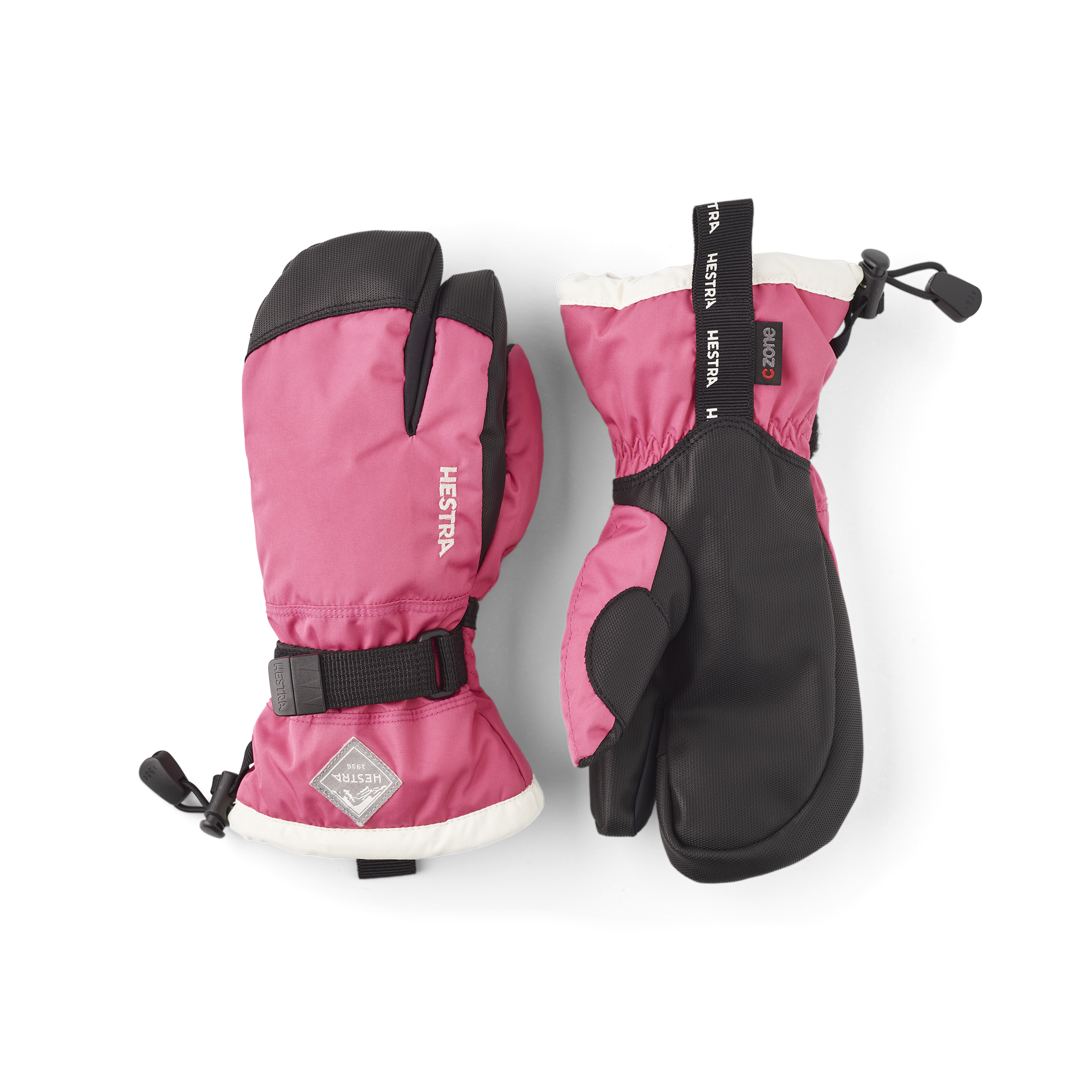 Orange and pink three finger glove with black synthetic palm and wrist adjustment